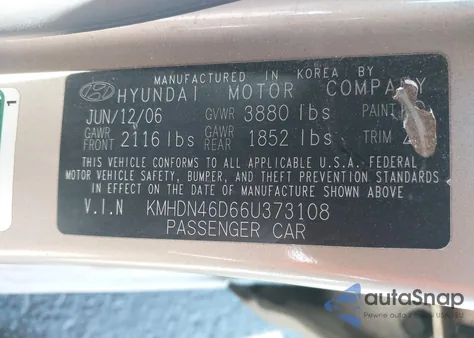 2006 Hyundai Elantra Gls/Limited z USA, uszkodzony, nr VIN KMHDN46D66U373108